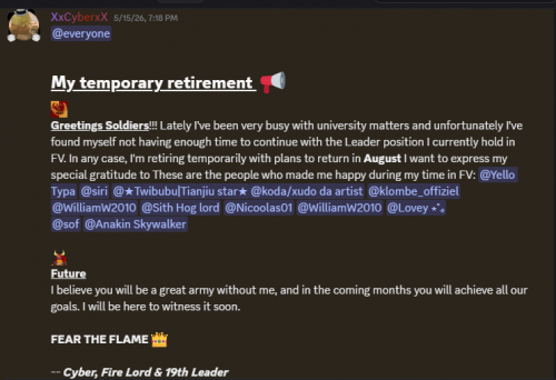 Cyber announces retirement from Fire Vikings leadership: retirement announcement 